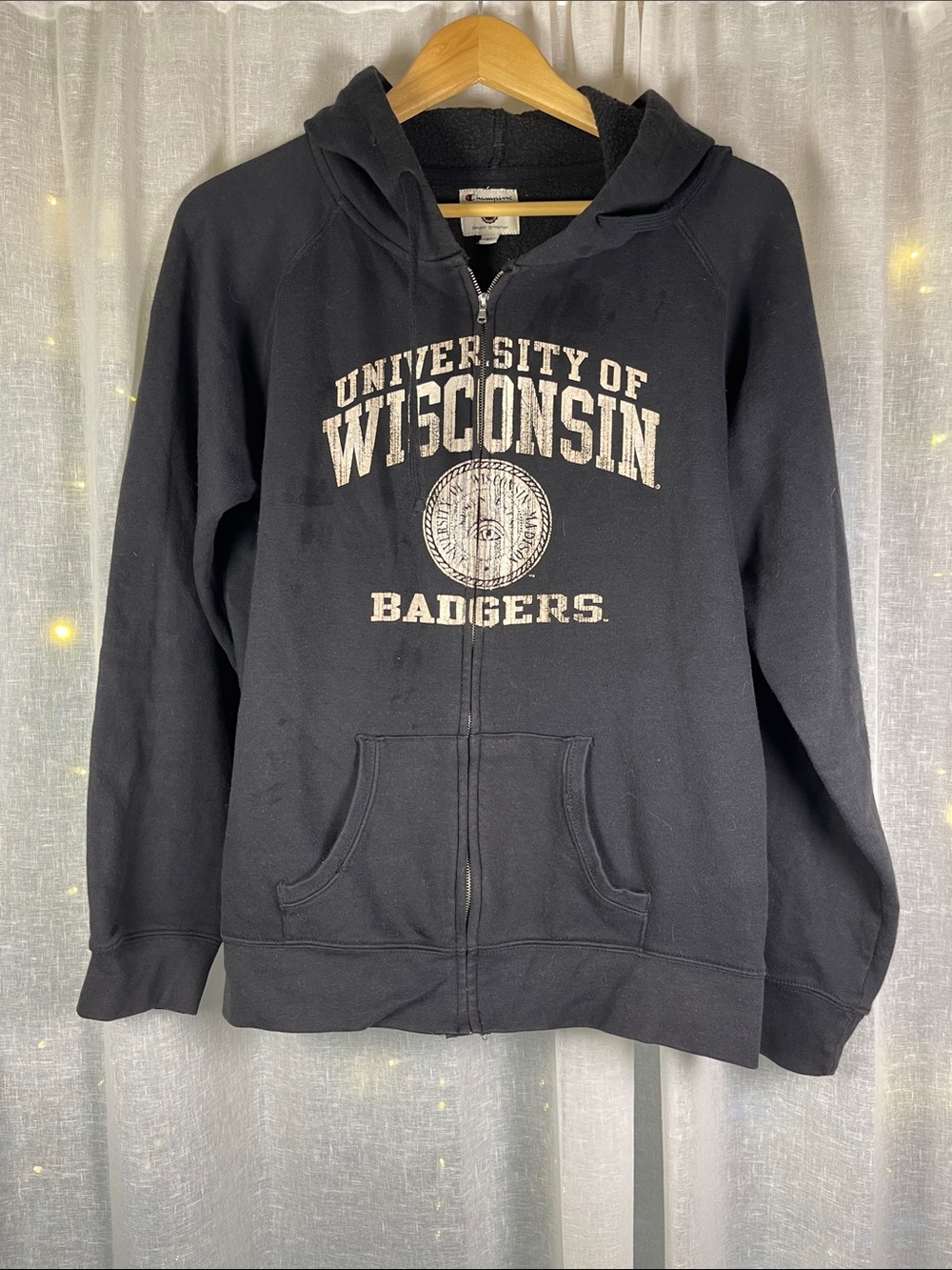 Champion Black Zip-Up Hoodie with White University of Wisconsin Print